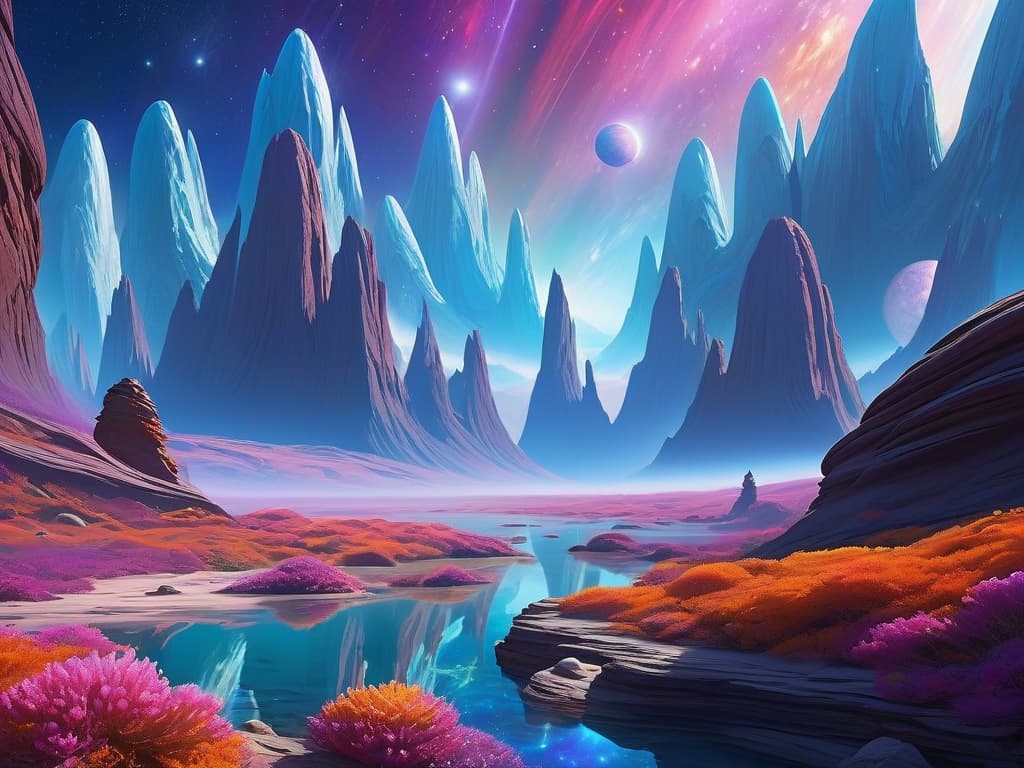  breathtaking futuristic scene, vibrant otherworldly landscape, distant galaxy, bioluminescent alien flora, iridescent colors, deep blues, purples, greens, crystalline formations, gravity defying rocks, surreal rock structures, shimmering minerals, mesmerizing starry sky, swirling galaxies, radiant nebulae, pink and orange hues, twinkling stars, distant planet with rings, sleek reflective spacesuits, advanced technology, cliff edge, explorers in awe, soft bluish glow, futuristic spacecrafts, aerodynamic designs, ethereal atmosphere, shimmering mist, otherworldly light, cosmic beauty, fantastical universe., award winning, professional, highly detailed, masterpiece