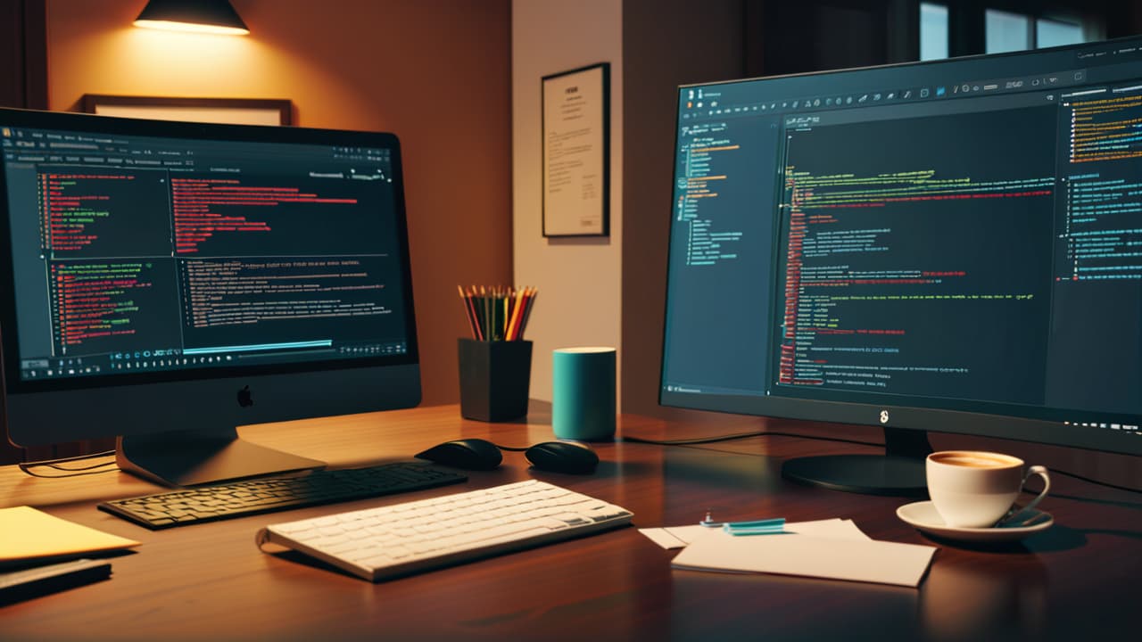  a sleek workspace with a computer displaying code, surrounded by flowcharts, diagrams, and sticky notes. a coffee cup sits nearby, with a digital clock showing time passing, symbolizing the iterative api development process. hyperrealistic, full body, detailed clothing, highly detailed, cinematic lighting, stunningly beautiful, intricate, sharp focus, f/1. 8, 85mm, (centered image composition), (professionally color graded), ((bright soft diffused light)), volumetric fog, trending on instagram, trending on tumblr, HDR 4K, 8K