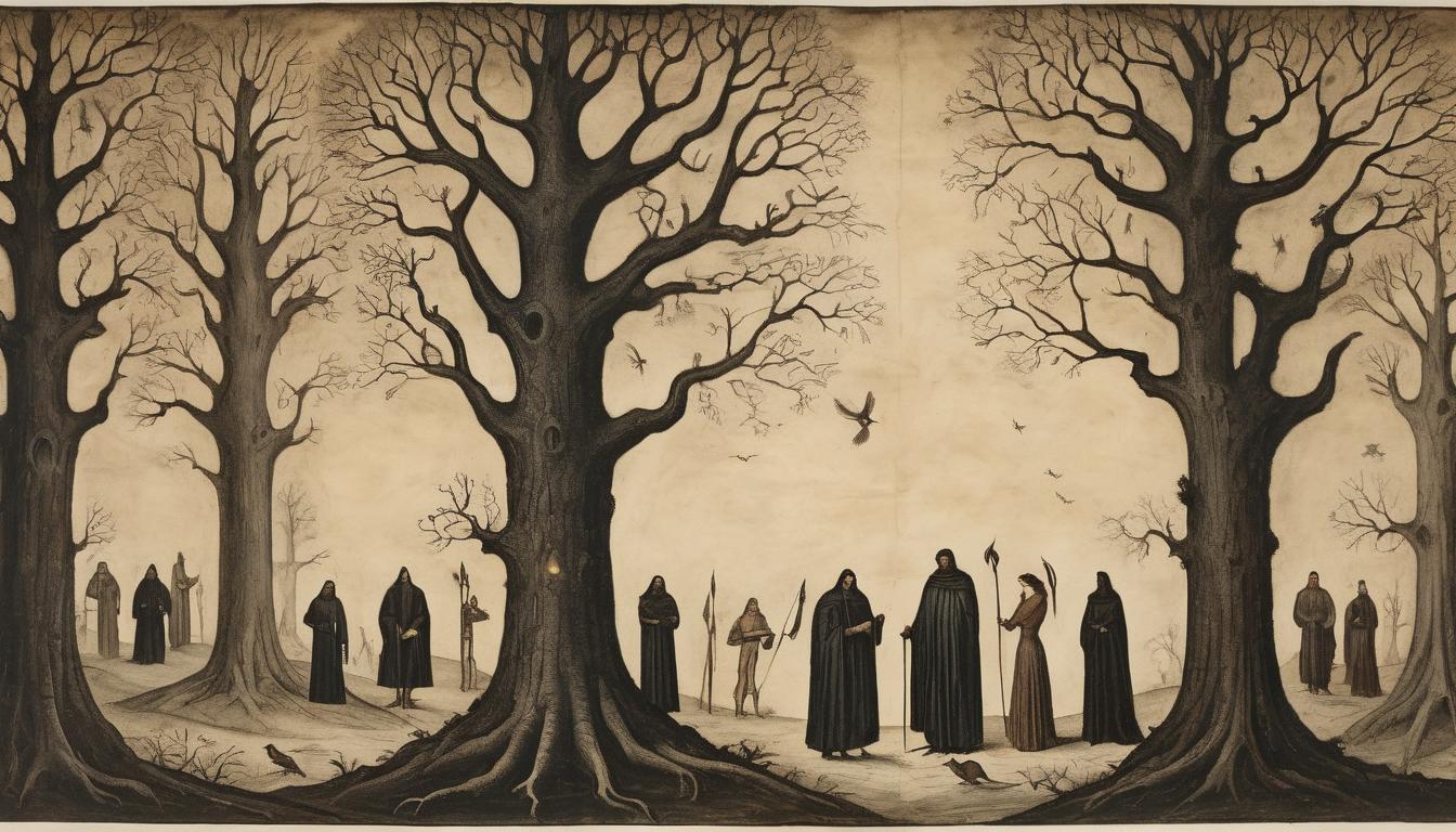  on parchment, surrealism++, a diverse group of individuals standing out, each with a unique glow, against a backdrop of dark, twisted trees, uniqueness, strength(mysterious, provocative, symbolic)++