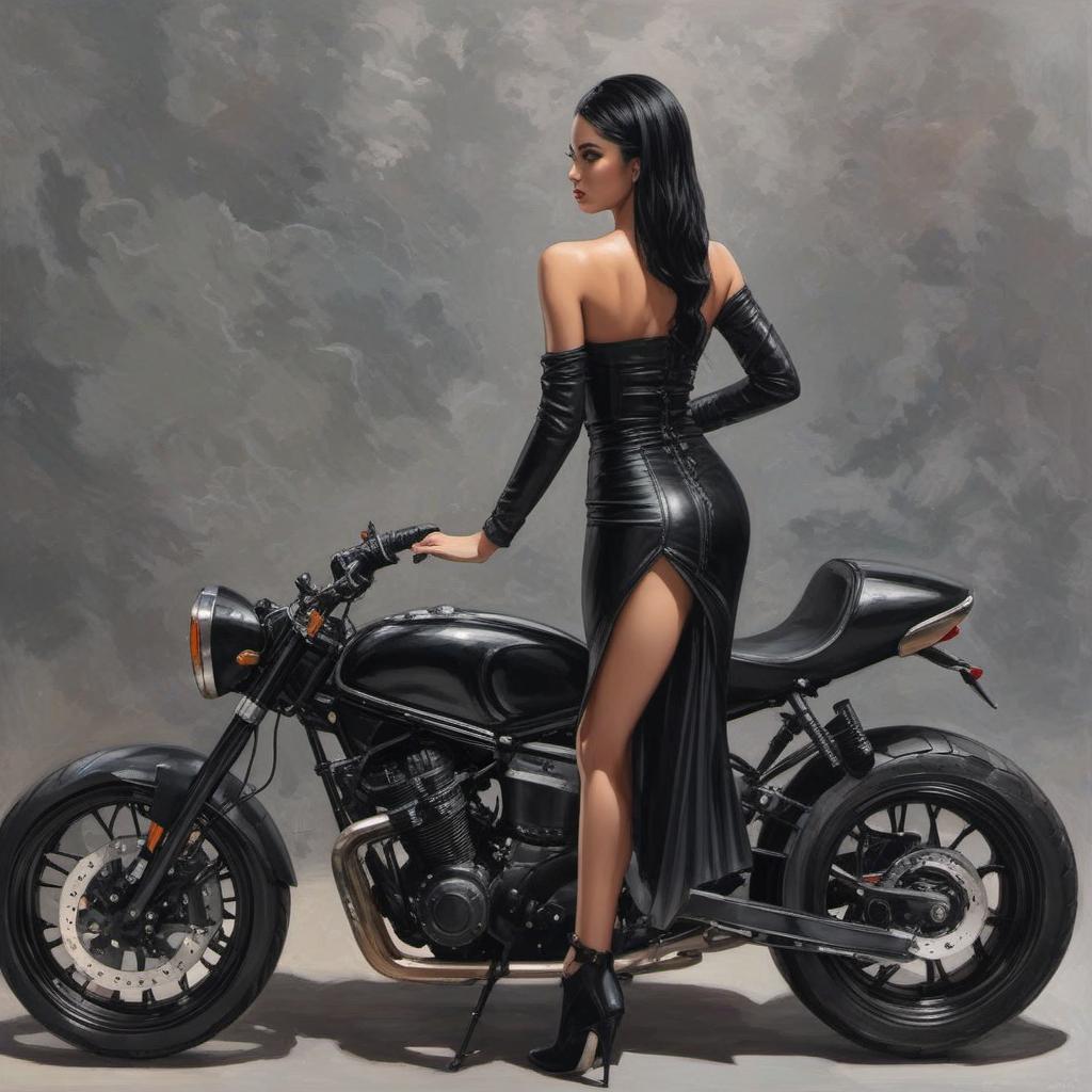  bold, no hair man sitting on a black motorcycle. women with black hair very long, straight,a black dress with statues standing next to him. back view, painting style