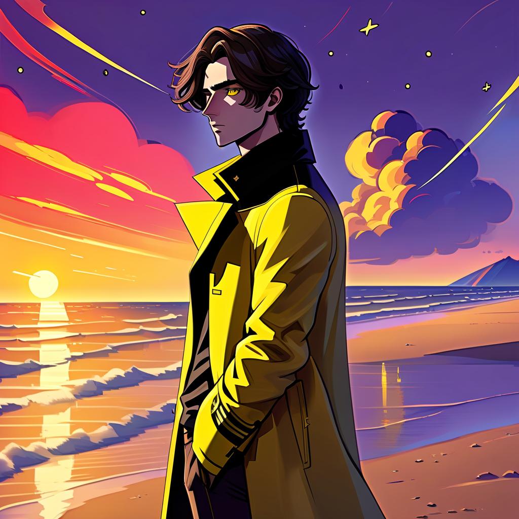  sci fi style a young man stands alone on the beach. he has long dark brown hair, which flies slightly in the breeze. his face, with pronounced jewish and slavic features, radiates lively energy. brown eyes are full of deep emotions, as if reflecting the vast expanses of the ocean. he wears a bright yellow coat that seems to shine, catching the eye and contrasting with the soft shades of the sunset. under his coat he wears a black shirt and black pants are decorated with yellow elements, creating a stylish and dynamic look. the sunset turns into night, the sky is black and full of stars, and the outgoing red rays fall on the terrain in bright red stripes contrasting with the coming night. the image uses such colors and shades of colors as: y