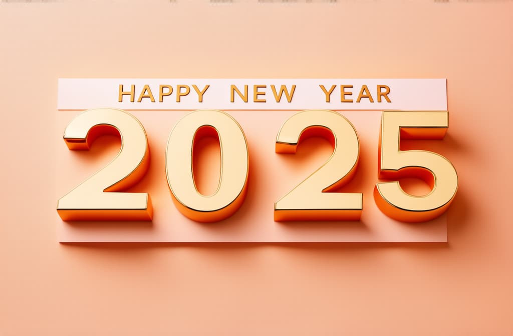  professional detailed photography, happy new year 2025 poster on peach background ar 3:2, (muted colors, dim colors, soothing tones), (vsco:0.3)