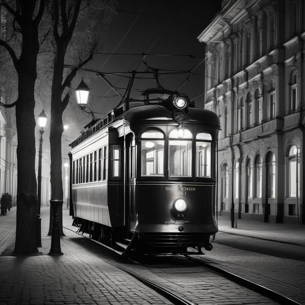  film noir style vintage streetcar on the street of old st. petersburg in fantasy style. . monochrome, high contrast, dramatic shadows, 1940s style, mysterious, cinematic