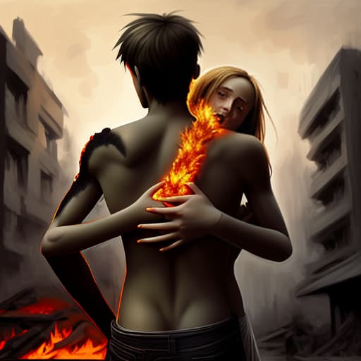  art, the girl's hand touches the man's back, which is all in severe burns