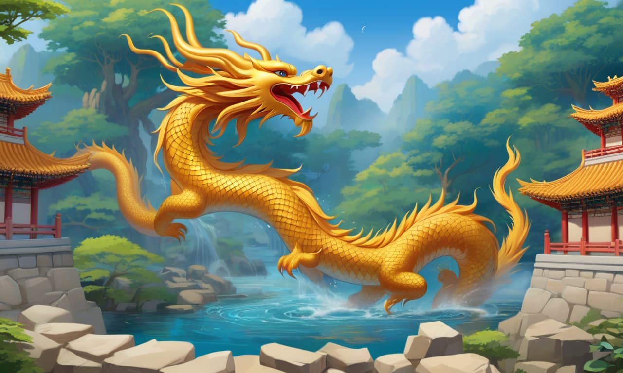  intricate dragon and phoenix carvings adorn the ancient city walls, while beneath them, a crystal clear stream flows, where a few koi fish swim leisurely.