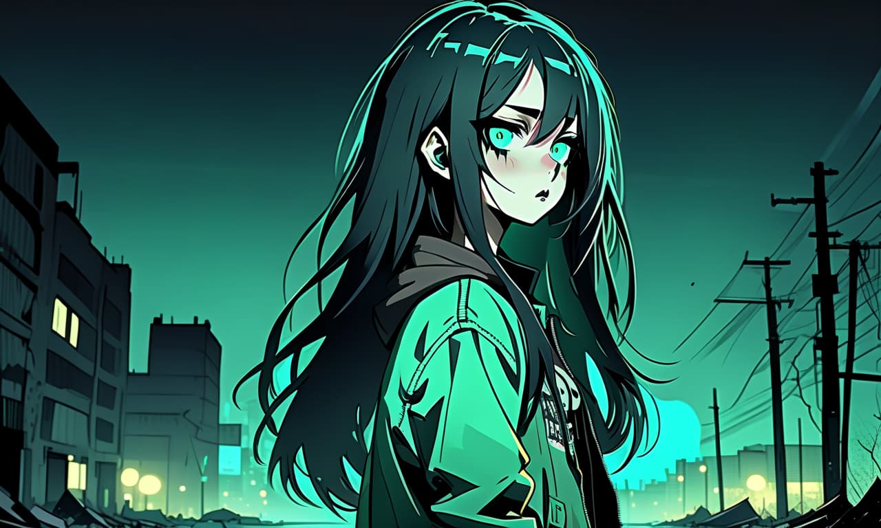  grunge style the girl in the anime style with long black hair stands in the dark dressed in a jacket of pastel green warm color and pants. the girl looks into the darkness with black lower eyelids under the eyes full of fear of the unknown and curiosity, and the bright turquoise eyes themselves stand out against the background of everything. the colors in the image are dark and warm. . textured, distressed, vintage, edgy, punk rock vibe, dirty, noisy