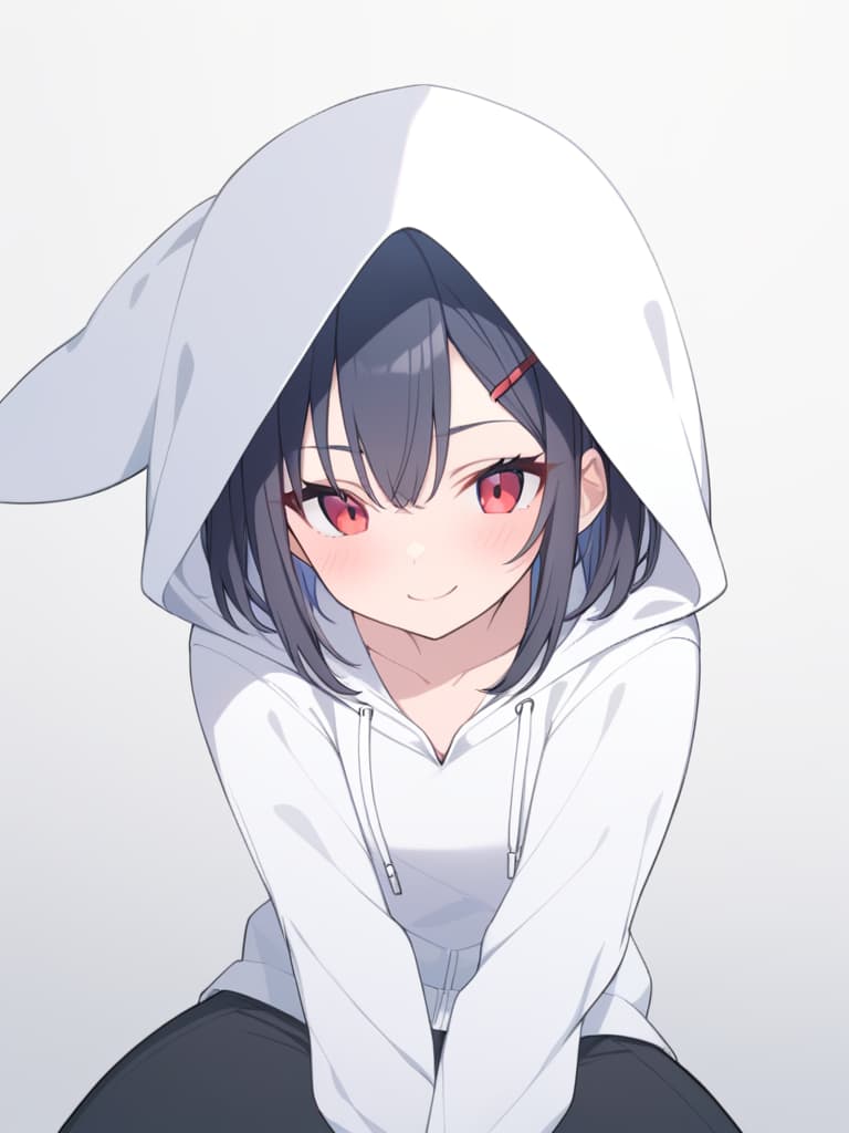  short black hair,red eyes,red hairpin,white hoodie,black pants,and a naughty smile.