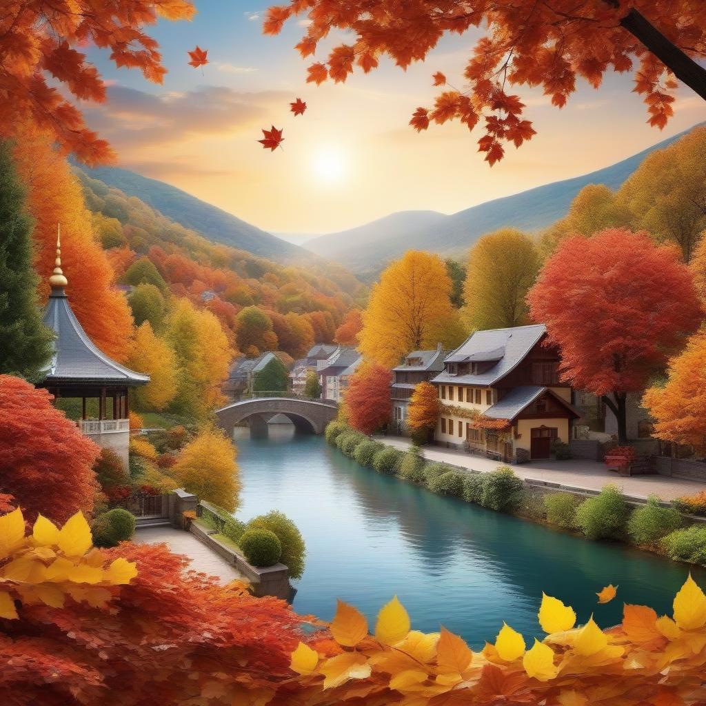  A heart of autumn leaves and flowers on the background of an autumn city, a bright dynamic picture in the style of kortun