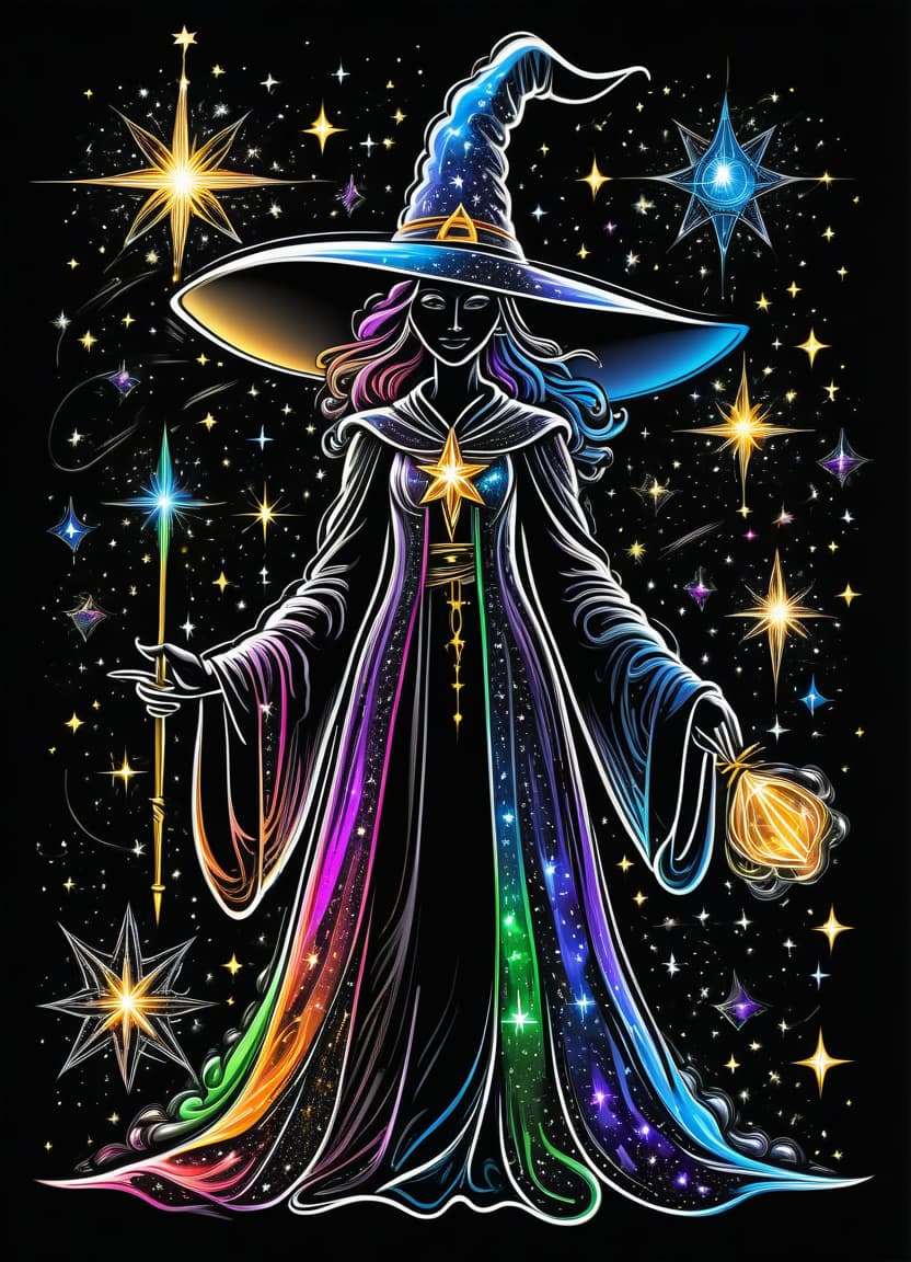  thin, fine fractal glossy vivid multicolore ink sketch on the black background, shiny contours outlines of a good witch in a robe with stars, in a pointed hat with stars, frame with intricate thin ornamentation from comet, stars and cosmic dust: (thin: 1,4) lines,