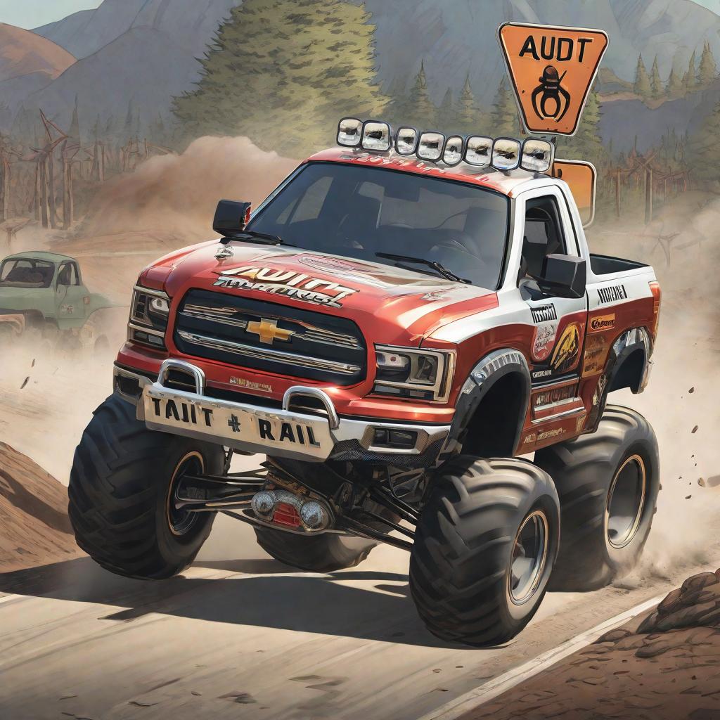  masterpiece, best quality, The monster truck is now driving smoothly down a road labeled "Audit Trail" with a big checkmark sign next to it, symbolizing everything being in order. Maybe a checklist or tick marks are flying behind the truck as it speeds toward the finish line.