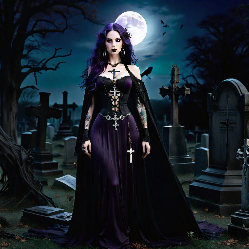  gothic style full body, very young elf necromancer, pale skin, slender, thin, athletic, extremely thin waist, very long dark purple wavy hair,mive cross earrings, huge tattoo on s, open shoulders, black very short dress, soled boots, lace stockings, long cloak, necromancer staff in left hand, necromancer book in right hand, old abandoned graveyard, many tombstones, crosses, graves, dead trees, crows, full moon, moonlit night, ghosts, dead knights . dark, mysterious, haunting, dramatic, ornate, detailed, hkmagic hyperrealistic, full body, detailed clothing, highly detailed, cinematic lighting, stunningly beautiful, intricate, sharp focus, f/1. 8, 85mm, (centered image composition), (professionally color graded), ((bright soft diffused light)), volumetric fog, trending on instagram, trending on tumblr, HDR 4K, 8K