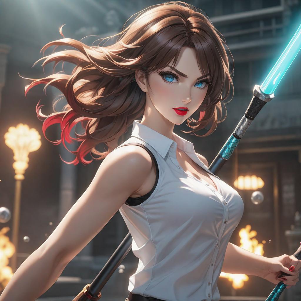  1girl, brown wavy hair, aqua eyes, sleeveless white shirt, neckline, red lipstick, grin, angry, hits with a club, ((anime)) hyperrealistic, full body, detailed clothing, highly detailed, cinematic lighting, stunningly beautiful, intricate, sharp focus, f/1. 8, 85mm, (centered image composition), (professionally color graded), ((bright soft diffused light)), volumetric fog, trending on instagram, trending on tumblr, HDR 4K, 8K