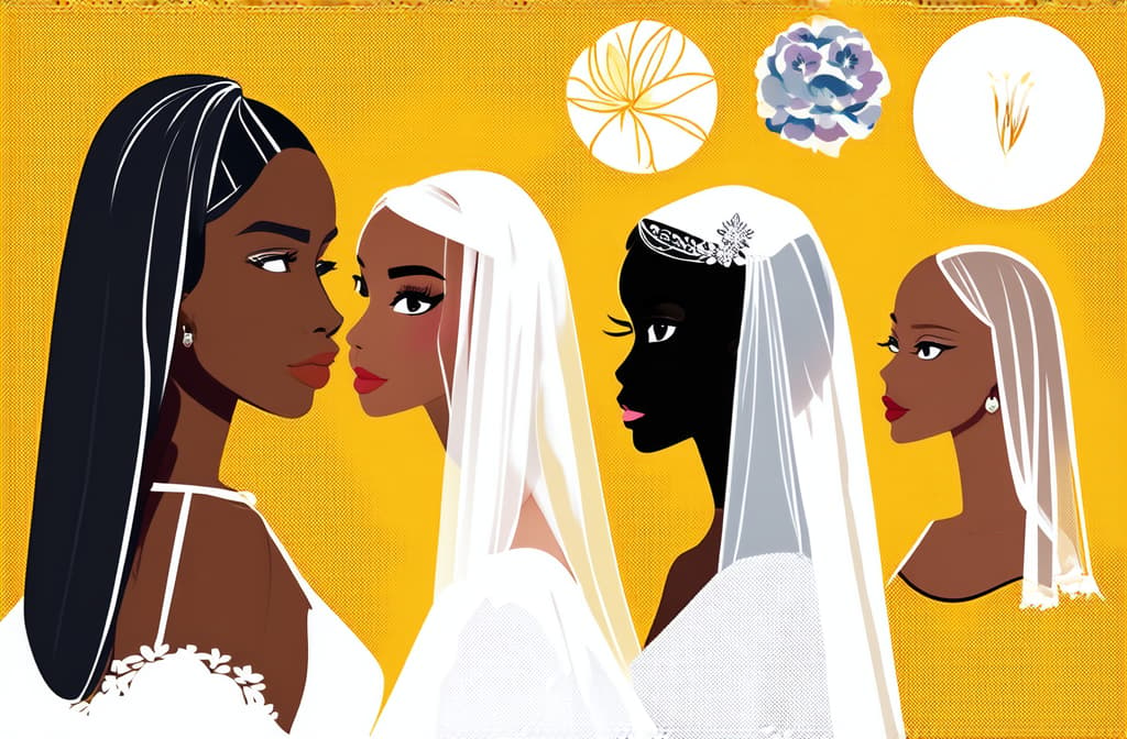  flat illustration, flaticon, (illustration:1.15), different beauty. set of different female heads in wedding veil. different races and nationalities. colored hand drawn illustration ar 3:2, [cory loftis, strobist, pascal campion :: 0.2]