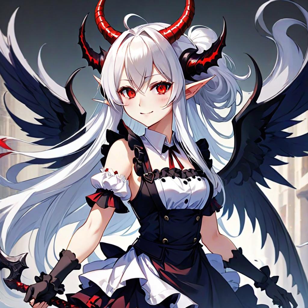  anime artwork anime, maid, girl, demon, cute grin, red eyes, black pupils, elven ears, white skin, long white hair, black horns, thin handles, huge demonic black wings, black tail, monotonous light background . anime style, key visual, vibrant, studio anime, highly detailed