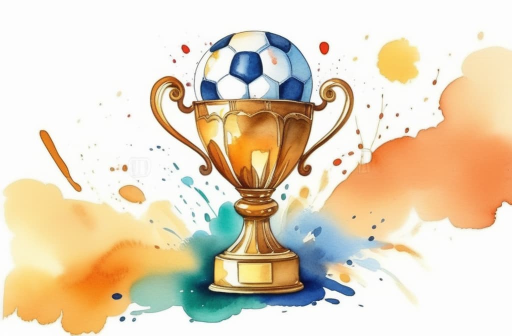  Create artwork Soccer ball and golden cup. World championship cup, football match. Achieve and competition victory. Sport bet. Watercolor illustration for design banner, poster, card with copy space ar 3:2 using watercolor techniques, featuring fluid colors, subtle gradients, transparency associated with watercolor art