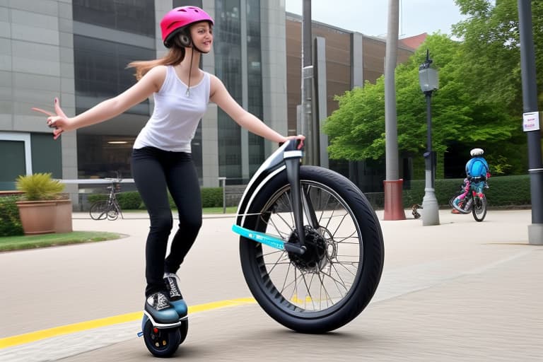  A beautiful girl on an electric unicycle flipping the bird