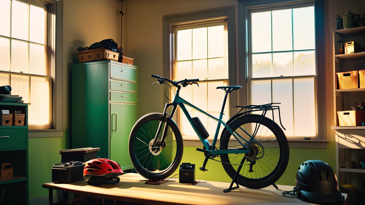  a serene bike workshop scene, showcasing a well maintained bicycle on a repair stand, surrounded by tools, a gleaming helmet, and a checklist, with sunlight filtering through a window, casting warm shadows. hyperrealistic, full body, detailed clothing, highly detailed, cinematic lighting, stunningly beautiful, intricate, sharp focus, f/1. 8, 85mm, (centered image composition), (professionally color graded), ((bright soft diffused light)), volumetric fog, trending on instagram, trending on tumblr, HDR 4K, 8K