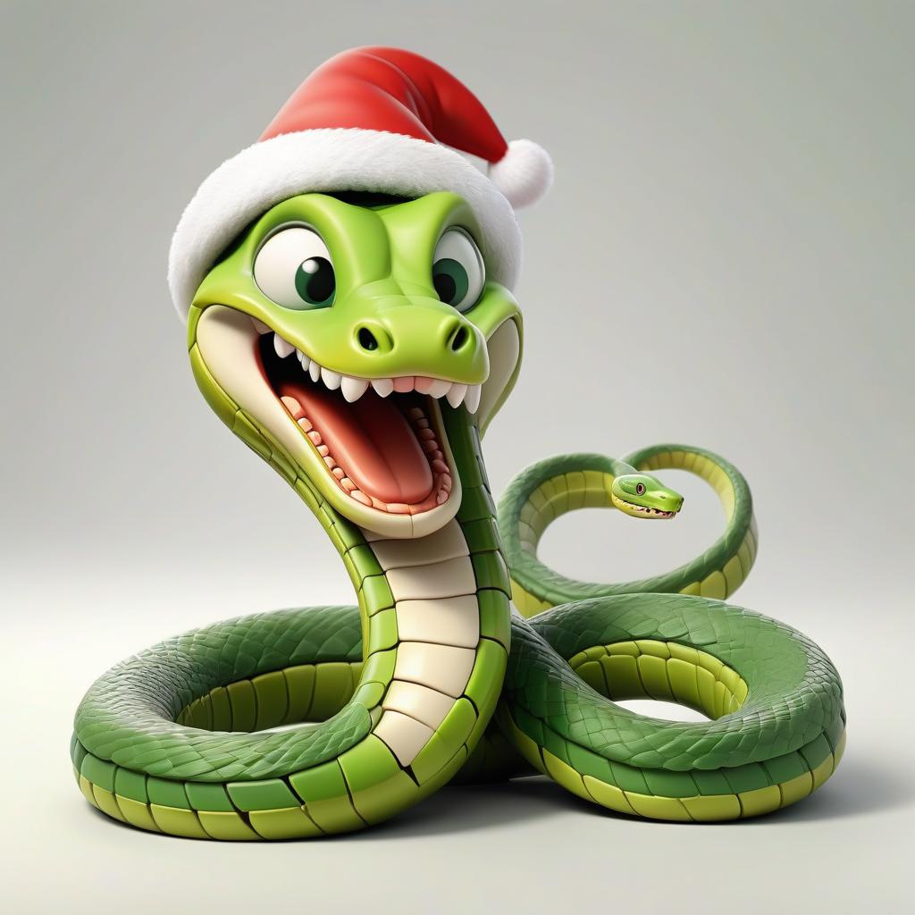  food photography style sweet kind cartoon character in the form of a curled snake of green color with detailed scaly skin, 3d in full growth on a white background in a santa cap . appetizing, professional, culinary, high resolution, commercial, highly detailed