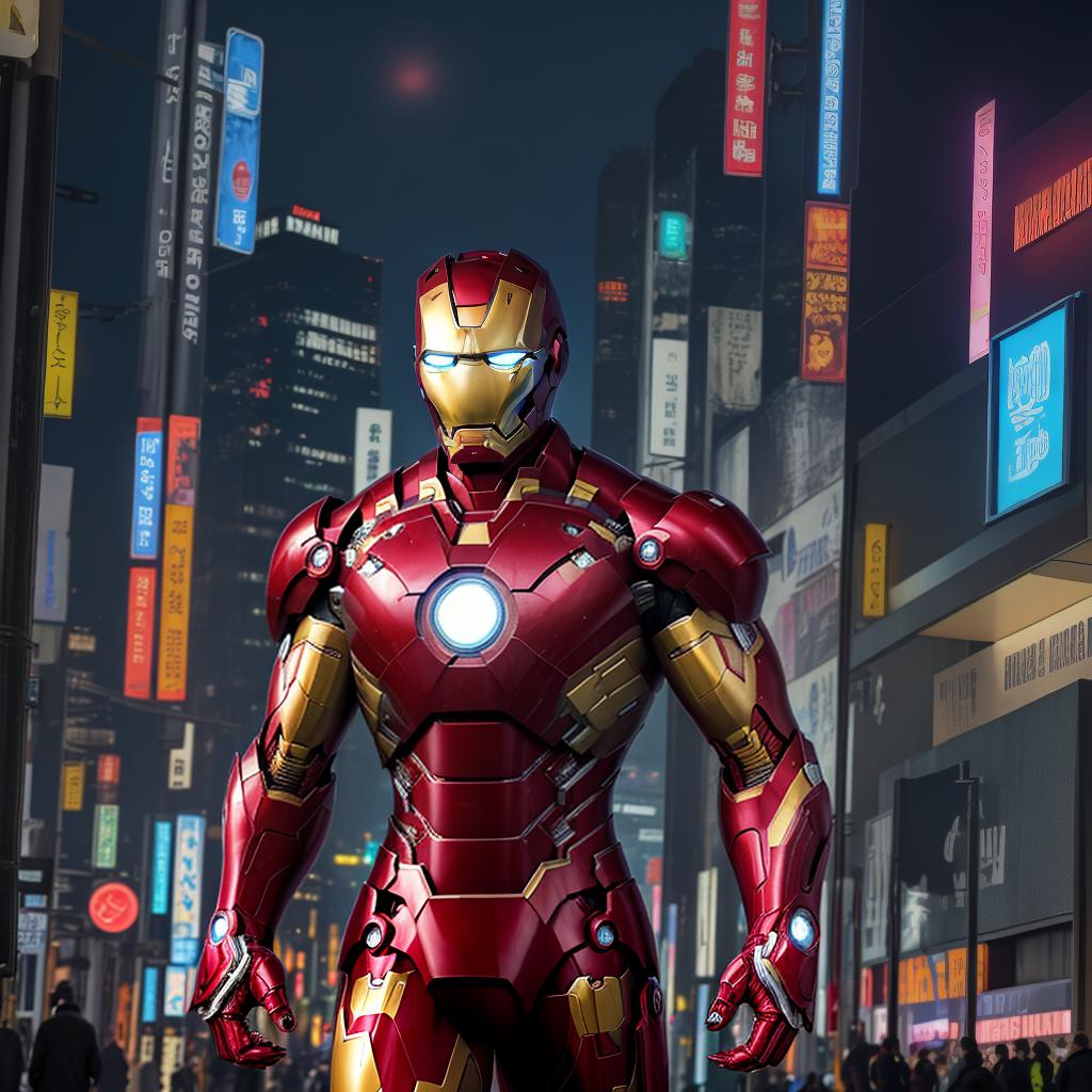  masterpiece, best quality, Best quality, masterpiece, 8k resolution, realistic, highly detailed, close up of Iron Man. In a cyberpunk-style night scene of the city, he stands on a street lined with tall buildings. The city's night lights are bright, The surrounding buildings and streets are filled with cyberpunk elements such as neon lights, high-tech devices, and futuristic architectural designs.