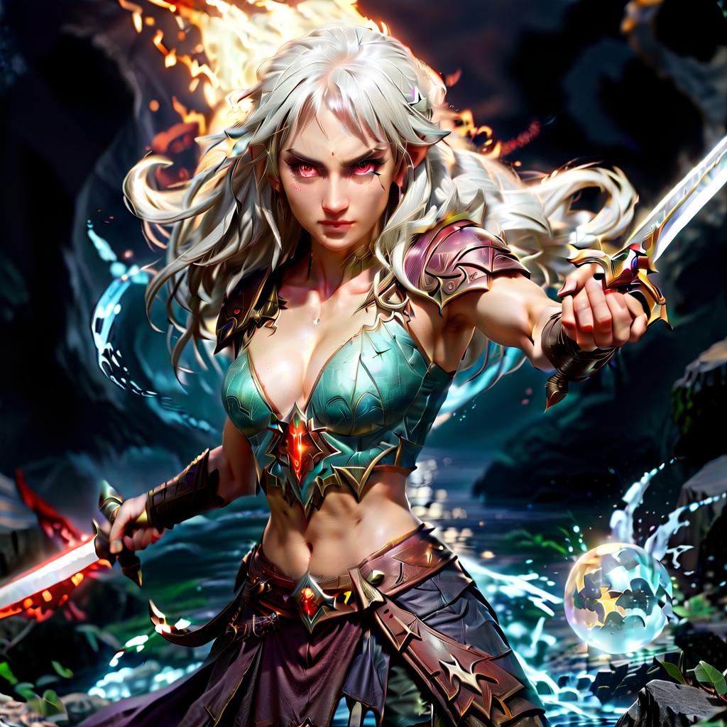  ethereal fantasy concept art of nswf. battle scene, 1 (+++++++) () half elf half demon female middle aged sports body visible bare ++++ medium sized, with light skin she has white hair and white glowing eyes, bare stomach, visible , led bare lower body+++, right hand she holds a bloody sword and in the left hand a magical sphere with water, facing the viewer, visible bulges, all in sweat with hair, with a malicious smile, the 's body in motion is given for the ground ++ +, in the left hand a magical sphere with water, facing the viewer of the camera, the character is in a few meters. she is attacked by monsters trying to grab her and take her weapons. they're in a fantasy dungeon. t