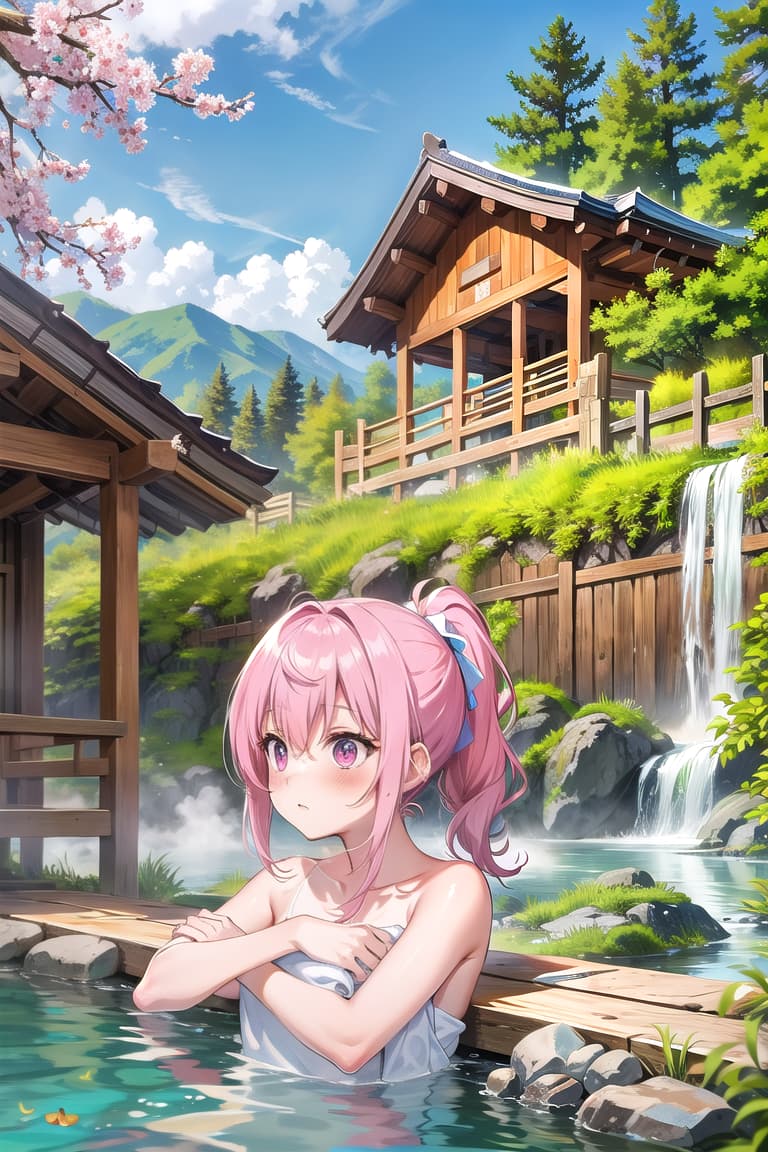  r 18, , middle , ,random situation, pink haired ,ponytail,large eyes,at the hot springs. BREAK holds a small towel, strategically covering their bodies, with billowing clouds of steam swirling around them. The towels are vint, with patterns of flowers and birds. BREAK,Capture the scene from a low angle, emphasizing the women's relaxed poses, , and others leaning against the traditional wooden walls of the hot spring house. BREAK,The background is a beautiful, rustic hot spring resort, with wooden structures and natural surroundings, set in the tranquil mountains of Japan.