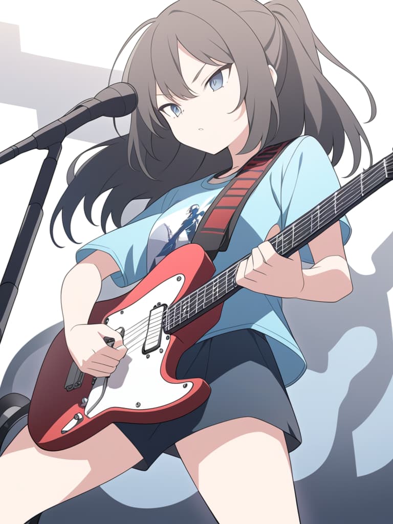  anime with electric guitar, anime style illustration, electric guitar solo, electric guitar performance, trend anime artwork, clean and detailed animation style, clean and detailed animation art, guitarist, simple background, revolution e baseball shirt,