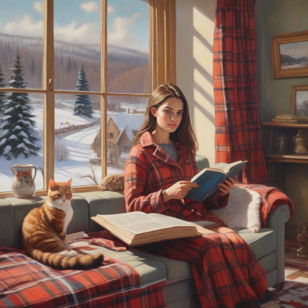  (oil painting: 1.4) a young woman is sitting with a book on a sofa with a plaid plaid. the cat is nearby. there's a cup of coffee on the table. there is a winter landscape outside the window. artist tracy hall