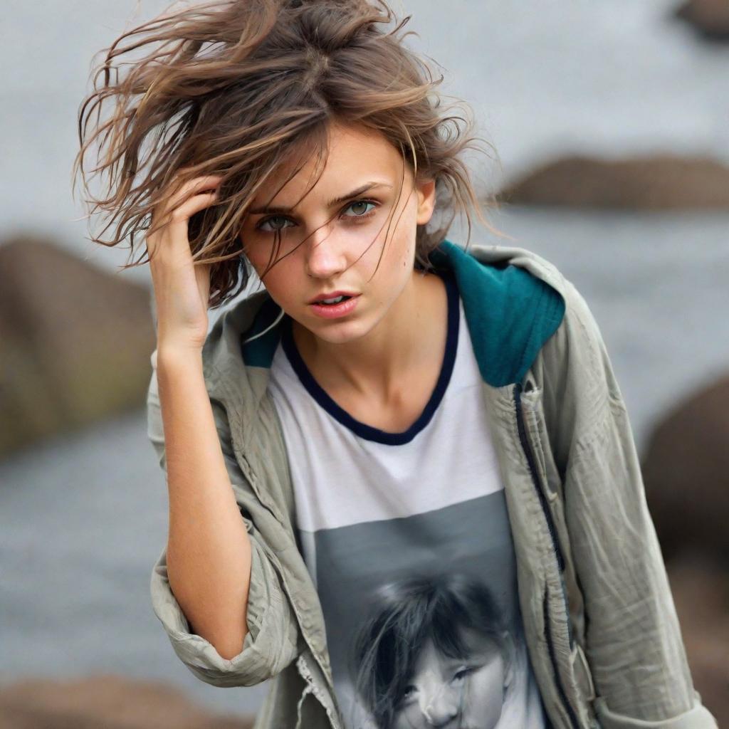  Generate the girl in the photo with disheveled hair
