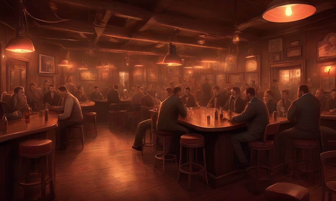  concept art a bustling 20th century pub, partying drunken youths and gangsters. the interior of the room is simple and tasteless . digital artwork, illustrative, painterly, matte painting, highly detailed, perfect hands, on parchment