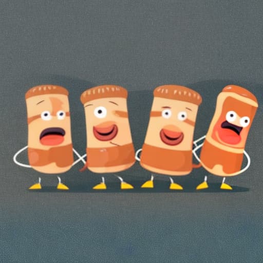  A group of funny line drawing characters of a sausages wrapped in bacon with legs and a smile dancing.