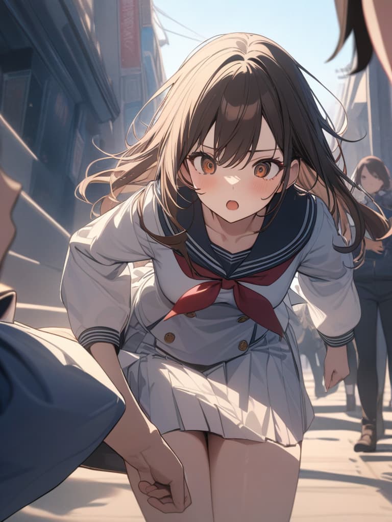  sailor uniform, high school girls, girls, running, brown eyes, brown hair, surprised, someone helping, running, masterpiece, best quality,8k,ultra detailed,high resolution,an extremely delicate and beautiful,hyper detail