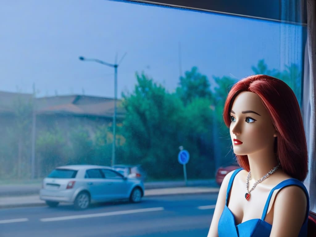  the image features a red haired woman with a blue gaze, likely a doll or an animated character, looking out of a window. the woman is wearing a brown dress and a necklace. she appears to be sitting in a chair and observing the outside view. in the scene, there are three cars visible outside the window, with one on the left side of the window, another in the middle, and the third on the right side. additionally, there are two traffic lights visible, one on the left side and the other on the right side of the window.