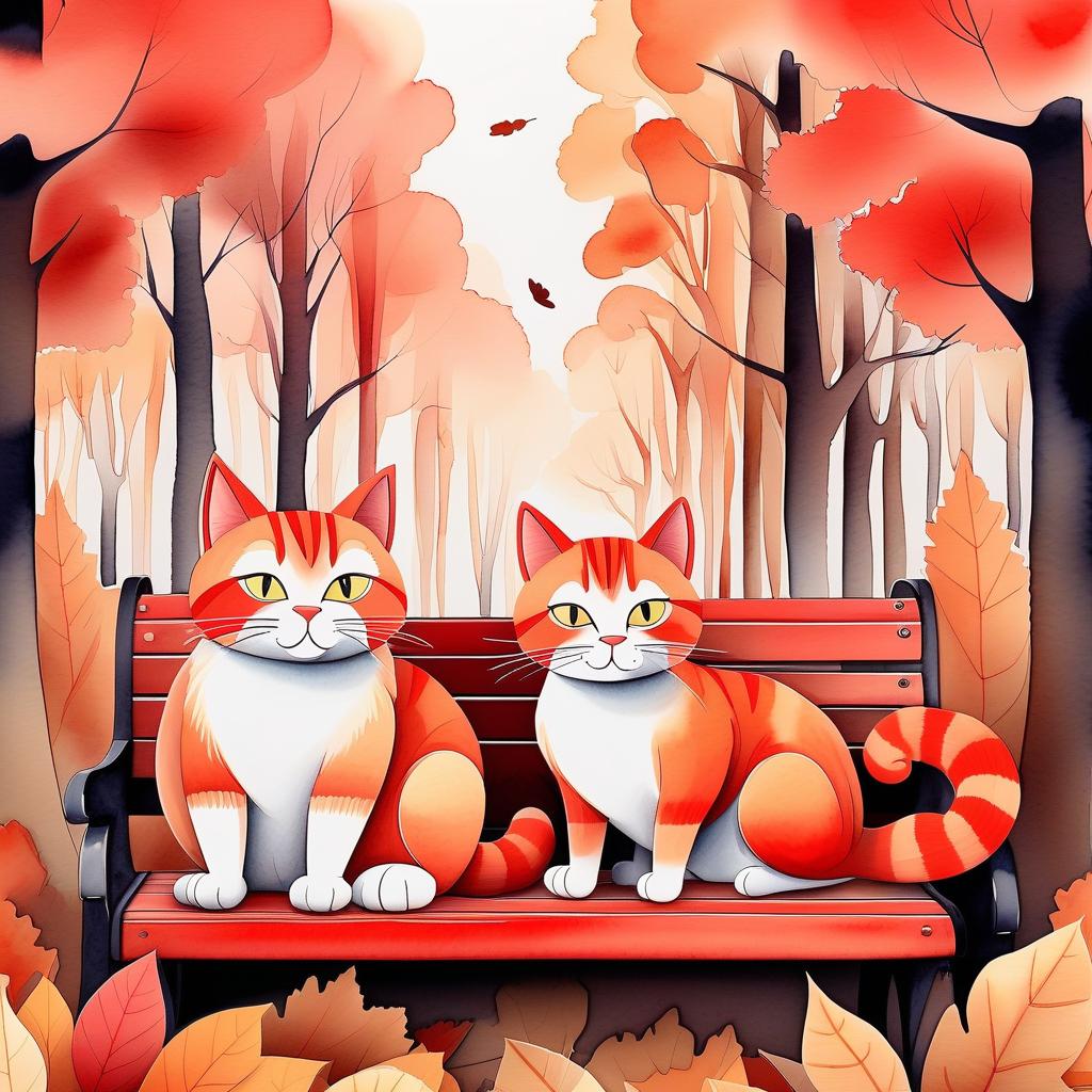  typographic art (painted) (watercolor) cute autumn forest background, autumn forest, soft shades, thin (ink outlines), objects on the edges of the sheet, many details, masterpiece, harmonious composition, autumn evening in a chestnut park, red brown colors, two cats are sitting on a bench, one cat is black and red, the second cat is white and red . stylized, intricate, detailed, artistic, text based