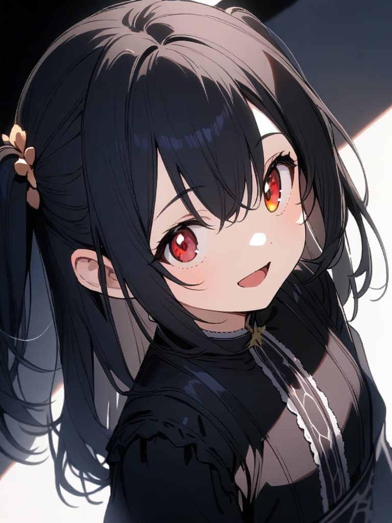  ultra detailed:1.2,masterpiece:1.2,best quality,masterpiece,bestquality,hdr:1.1,8k:1.1,very cute girl:1.3,((black hair,half up,long hair:1.9)),((two side up,twintail:1.4)),(red eyes,almond eyes:1.8),(cute smile:1.7),(harf open mouth:1.4),(upper body,from side:1.2),(from above:1.2)face focus:0.7,(black gothic lolita:1.6),looking away