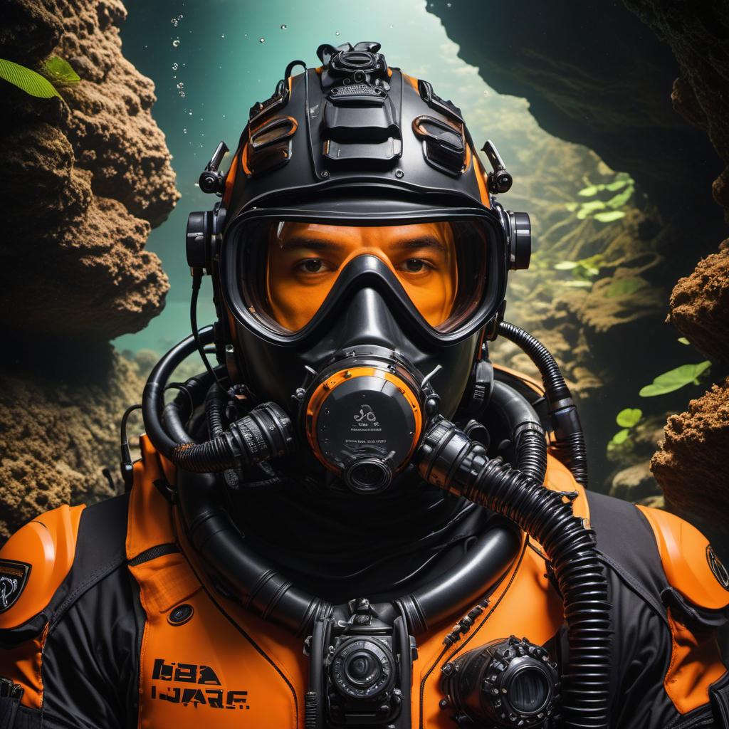  jb name, male, rebreather diver, thick loops, helmet in orange, cave diver, underwater, face view diver, fresh water, shoulder view, jb, cyberpunk style