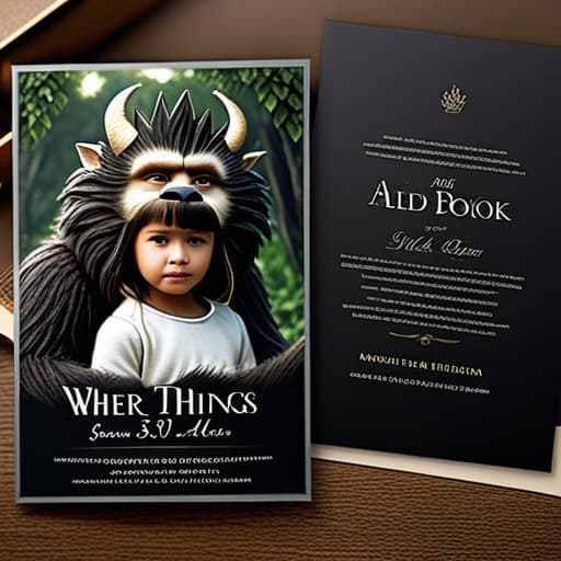  50th birthday party invitation inspired by the children’s book “where the wild things are “ hyperrealistic, full body, detailed clothing, highly detailed, cinematic lighting, stunningly beautiful, intricate, sharp focus, f/1. 8, 85mm, (centered image composition), (professionally color graded), ((bright soft diffused light)), volumetric fog, trending on instagram, trending on tumblr, HDR 4K, 8K