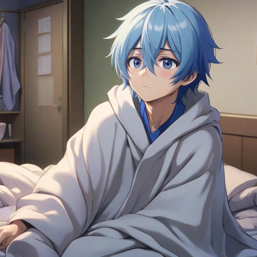  the main character, kaito hanada, an ordinary japanese student with blue hair, wakes up in some room in a blanket