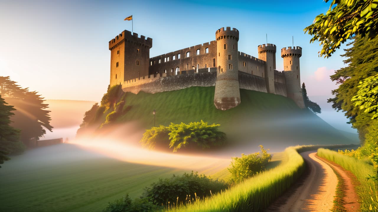  a vibrant scene contrasting a historic castle surrounded by traditional festivities, showcasing local artisans, with a serene landscape featuring ancient ruins alongside tourists engaging in cultural workshops and authentic culinary experiences. hyperrealistic, full body, detailed clothing, highly detailed, cinematic lighting, stunningly beautiful, intricate, sharp focus, f/1. 8, 85mm, (centered image composition), (professionally color graded), ((bright soft diffused light)), volumetric fog, trending on instagram, trending on tumblr, HDR 4K, 8K