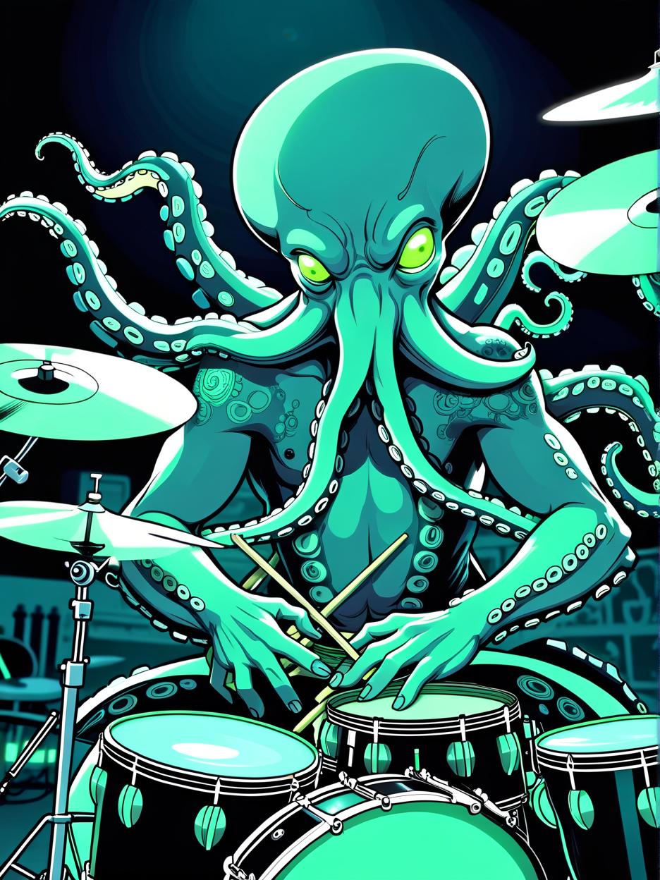  manga artwork glow in the dark octopus playing drumkit. manga artist. manga, highly emotional. best quality, high resolution