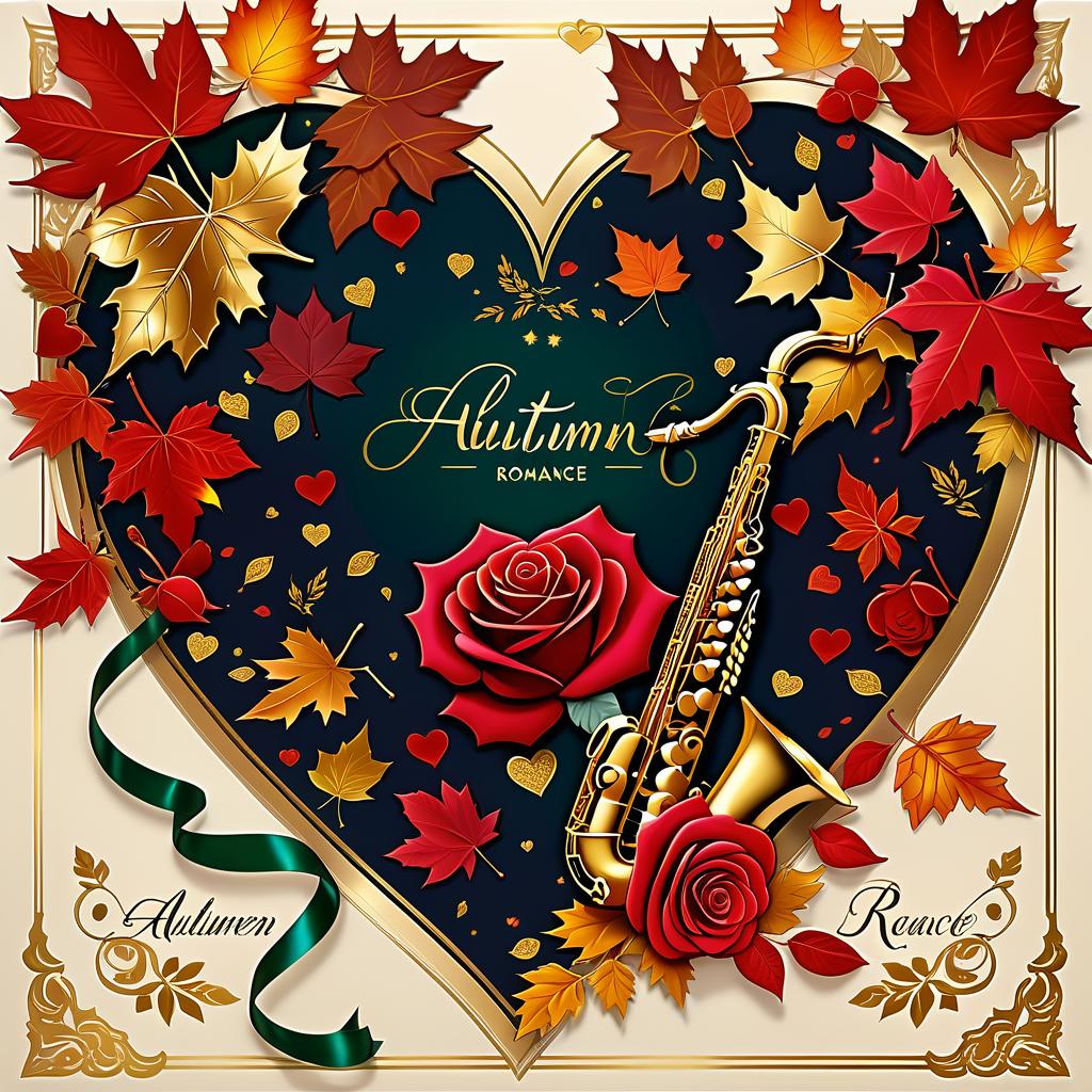  luxury product style (postcard background):falling autumn leaves, red roses, saxophone, satin ribbon, inscription "autumn romance" , retro, vintage, greeting card. autumn in the heart, (beautiful couple):man and woman, two faces in profile, heart scarlet rose (heart), beautiful figure of maple leaves outlines in the shape of a heart. (heart colour):night sky background, gold pattern. (style):fantasy, autumn art, autumn romance. (colours):gold, green gold, navy blue, red, red gold, brown gold, silver, golden blue, bluish blue. . elegant, sophisticated, high end, luxurious, professional, highly detailed