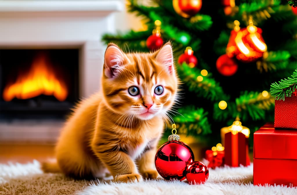  food gourmet photography style, christmas ginger kitten near the christmas tree plays with a ball on the christmas tree, in the background in blur a fireplace, cozy atmosphere ar 3:2, appetizing, professional, culinary, high resolution, commercial, highly detailed ,soft natural lighting, macro details, vibrant colors, fresh ingredients, glistening textures, bokeh background, styled plating, wooden tabletop, garnished, tantalizing, editorial quality