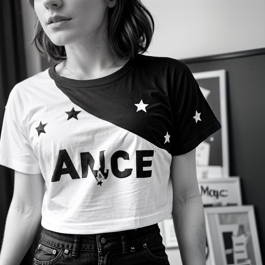  A shirt that is black whit stars and a bold word that says white out, (magic neon:1.25)