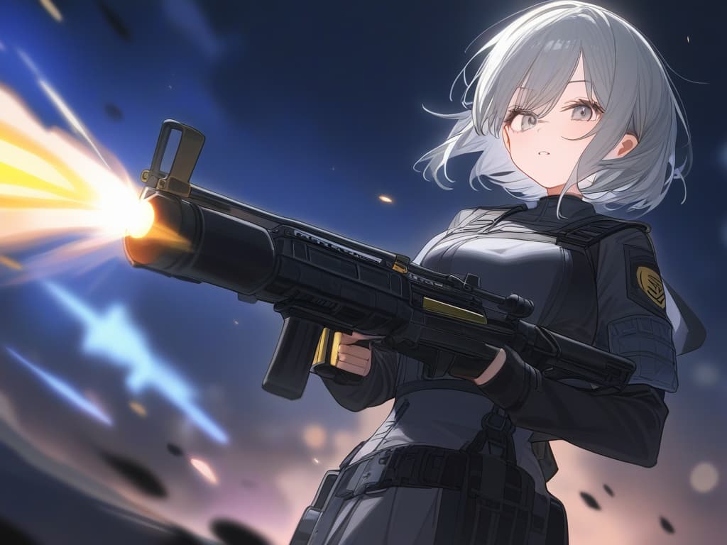  one girl, (masket (gun): 2.0), gray hair, bob cut, sacred magic, clean air, purification light, gun, (light bullet: 2.0)