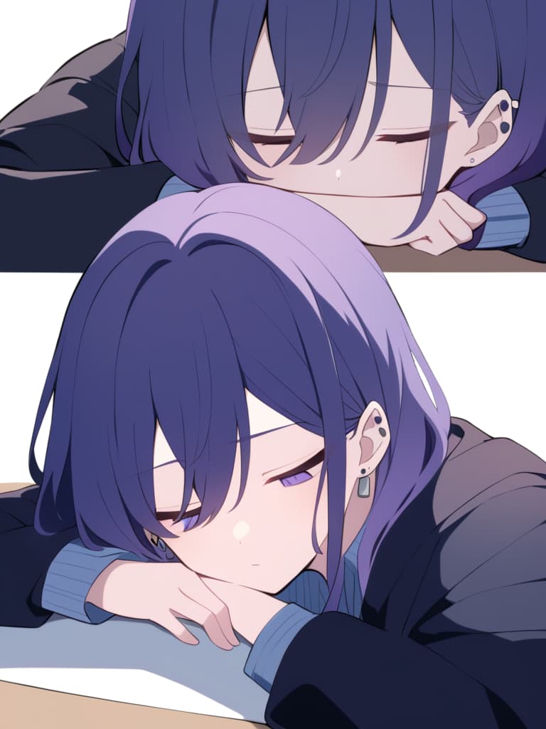  "draw an anime style high with a mix of cool and cute features.he has short,messy dark blue purple hair with long bangs that cover part of his face. his large,droopy eyes are soft shades of blue and purple,giving him a vulnerable look. he wears a casual black jacket with silver and multiple earrings,but his sleeves are long and oversized ('moe sode'),covering part of his hands. the scene shows him resting his head on a desk,slightly slumped over as if sleeping in cl. his expression is tired but peaceful,blending both cool and adorable qualities."