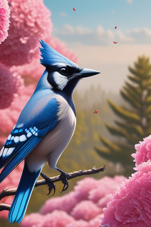  the scene opens with soft, warm lighting. a woman stands in the center, her face obscured by a giant bouquet of vivid pink flowers that seem to breathe and pulsate gently. as the camera slowly zooms in, a striking blue jay, perched delicately within the blossoms, flutters its wings. the bird seems alive, moving through the flowers, pecking at petals and hopping around the woman's head. the flowers sway subtly with the movement, their vibrant hues contrasting against the gentle neutral tones of her skin and clothing.the animation could explore a surreal transition where the flowers begin to bloom, opening up wider, as the woman turns her head slightly, suggesting life and growth. the bird takes flight, circling around her once before perchin hyperrealistic, full body, detailed clothing, highly detailed, cinematic lighting, stunningly beautiful, intricate, sharp focus, f/1. 8, 85mm, (centered image composition), (professionally color graded), ((bright soft diffused light)), volumetric fog, trending on instagram, trending on tumblr, HDR 4K, 8K