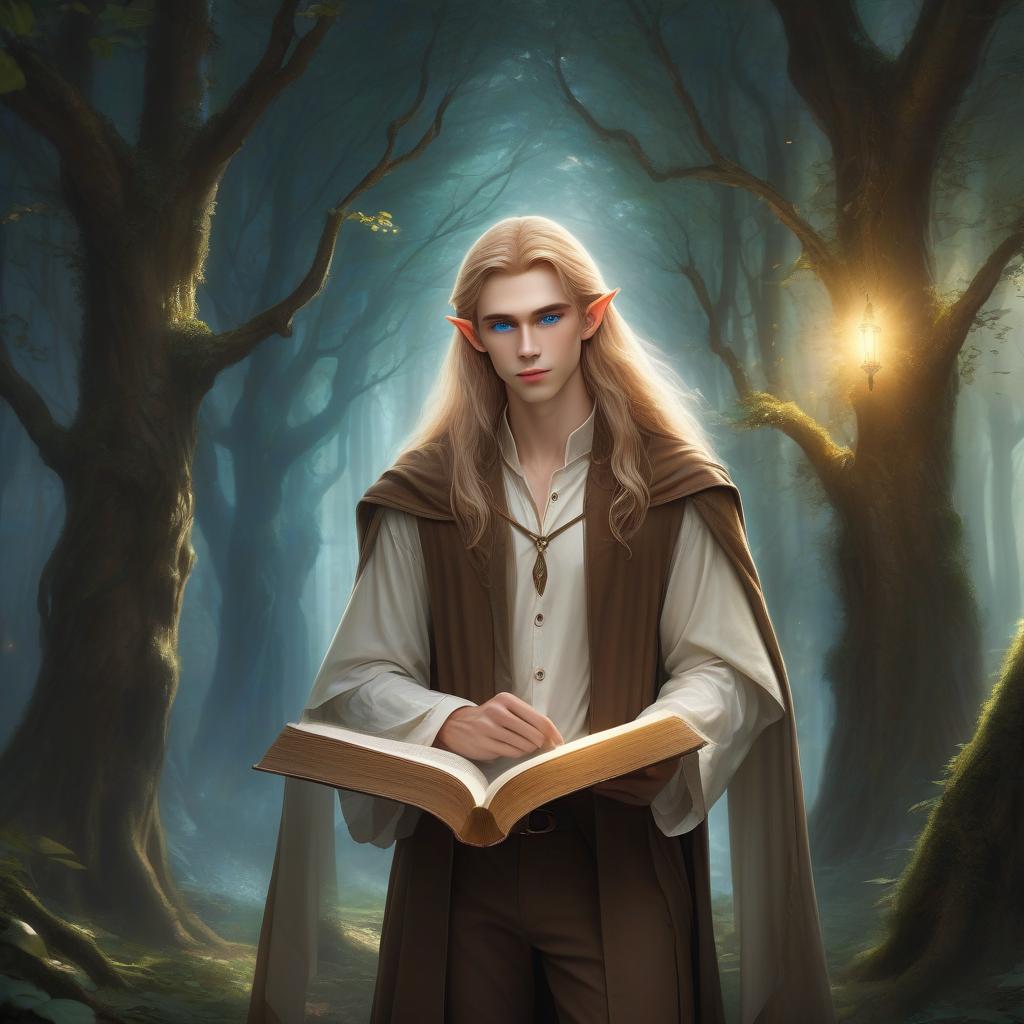  very handsome short and slender elf with light skin, long straw hair and blue eyes, dressed in a white shirt and brown pants, a brown cloak hangs on his shoulders, magical hands holding an open book, a gloomy forest, hkmagic