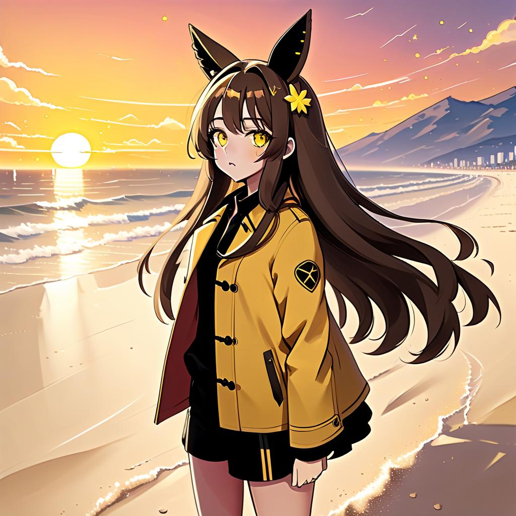  architectural style an anime style girl with anime ears stands on the beach, where soft sand stretches to the horizon. she has long dark brown hair, which flies slightly in the breeze. her face, with pronounced jewish and slavic features, radiates lively energy. brown eyes are full of deep emotions, as if reflecting the vast expanses of the ocean. she has a bright yellow coat, which seems to shine, catching the eye and contrasting with the soft shades of the sunset. under her coat she wears a black shirt and black pants are decorated with yellow elements, creating a stylish and dynamic look. the sunset blooms bright red in the sky clearly separating the evening nobo from the night with the stars. the bright red rays of the sun fall on the t