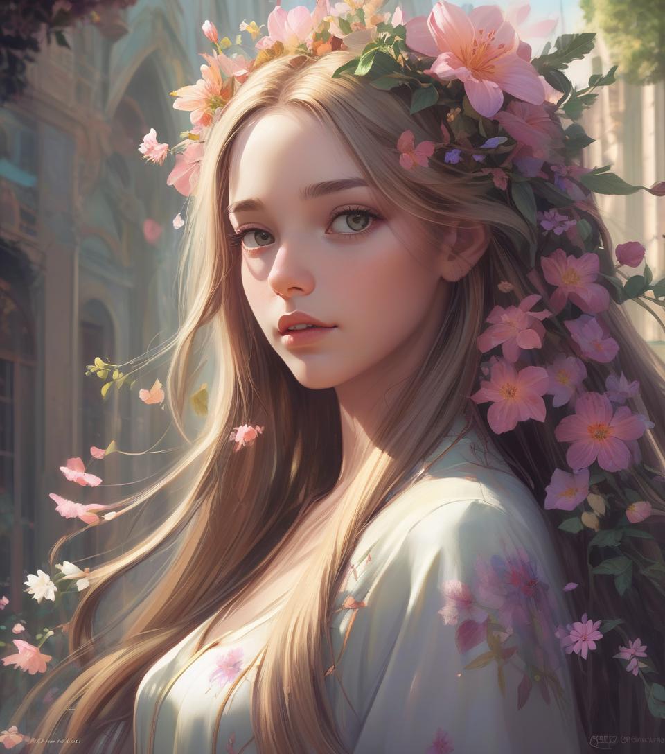  concept art a girl with long hair and flowers in her hair, beautiful character painting, beautiful digital art, beautiful digital artwork, beautiful digital illustration, gorgeous digital art, beautiful digital painting, beautiful fantasy art portrait, fantasy art style, exquisite digital illustration, beautiful gorgeous digital art, gorgeous digital painting, very beautiful digital art, rossdraws digital painting, extremely detailed artgerm . digital artwork, illustrative, painterly, matte painting, highly detailed