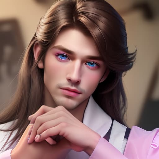  manly, handsome, strong, man holding the hand of a beautiful , sweet face, blue eyes, hyperdetalized skin, long brown hair, fashionable hairstyle, makeup,in a short fuchsia , maid,in the artist's studio, delicate tones, soft light, highest quality 8k