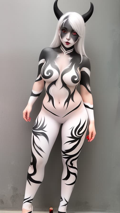  White and Blark flame pattern body paint in every corner of the whole body, grey body paint full body, grey face paint on the face, dark elf, full body image female